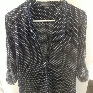 Navy and white polka dot blouse